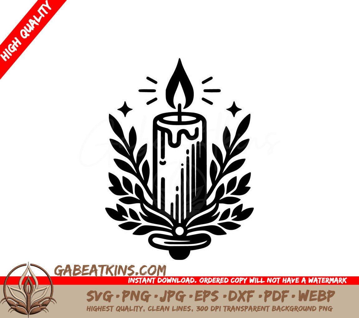A Candle With Leaves Around It SVG - Vintage Christmas Candle SVG