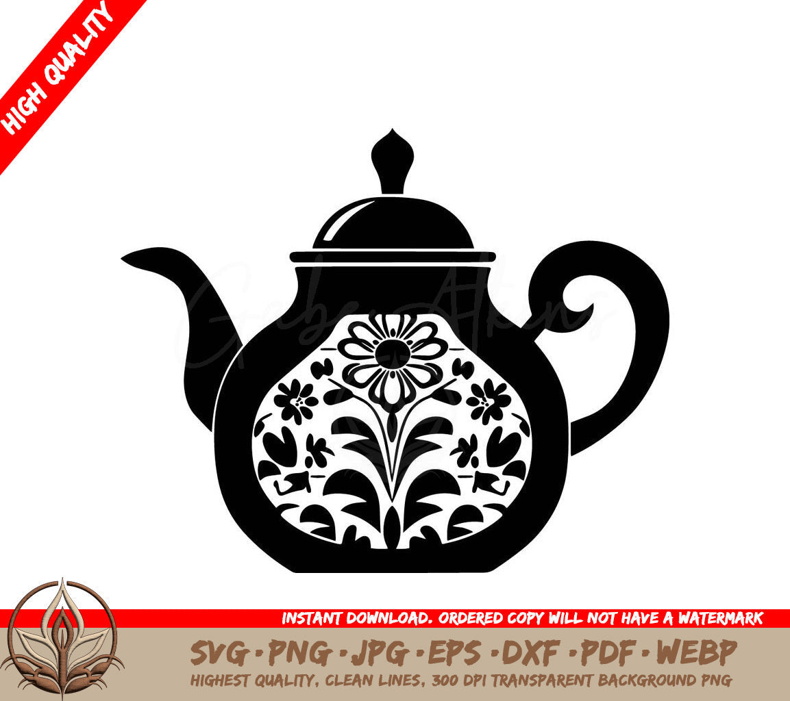 Vintage Floral Teapot Design - SVG, PNG, JPG, AI, PDF, DXF, EPS WebP File Formats