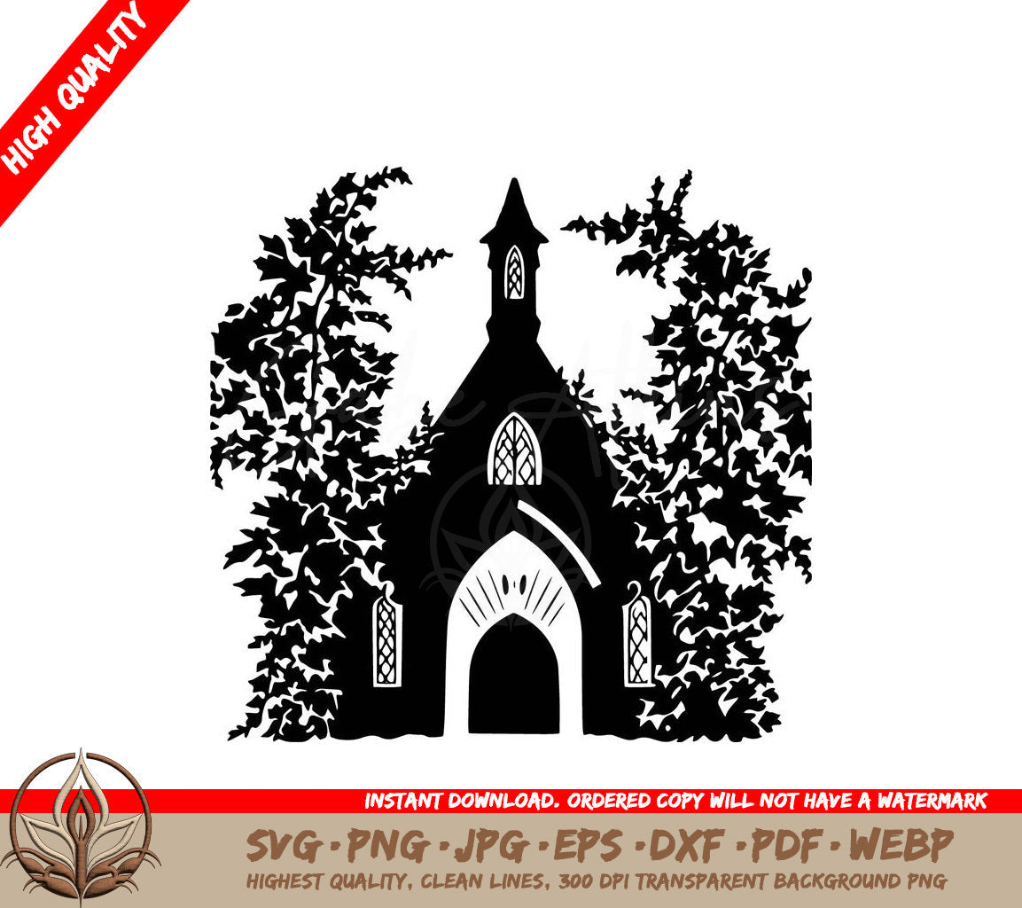 Vintage Ivy Church Digital Design File in SVG, PNG, JPG, AI, PDF, DXF, EPS and WebP Formats
