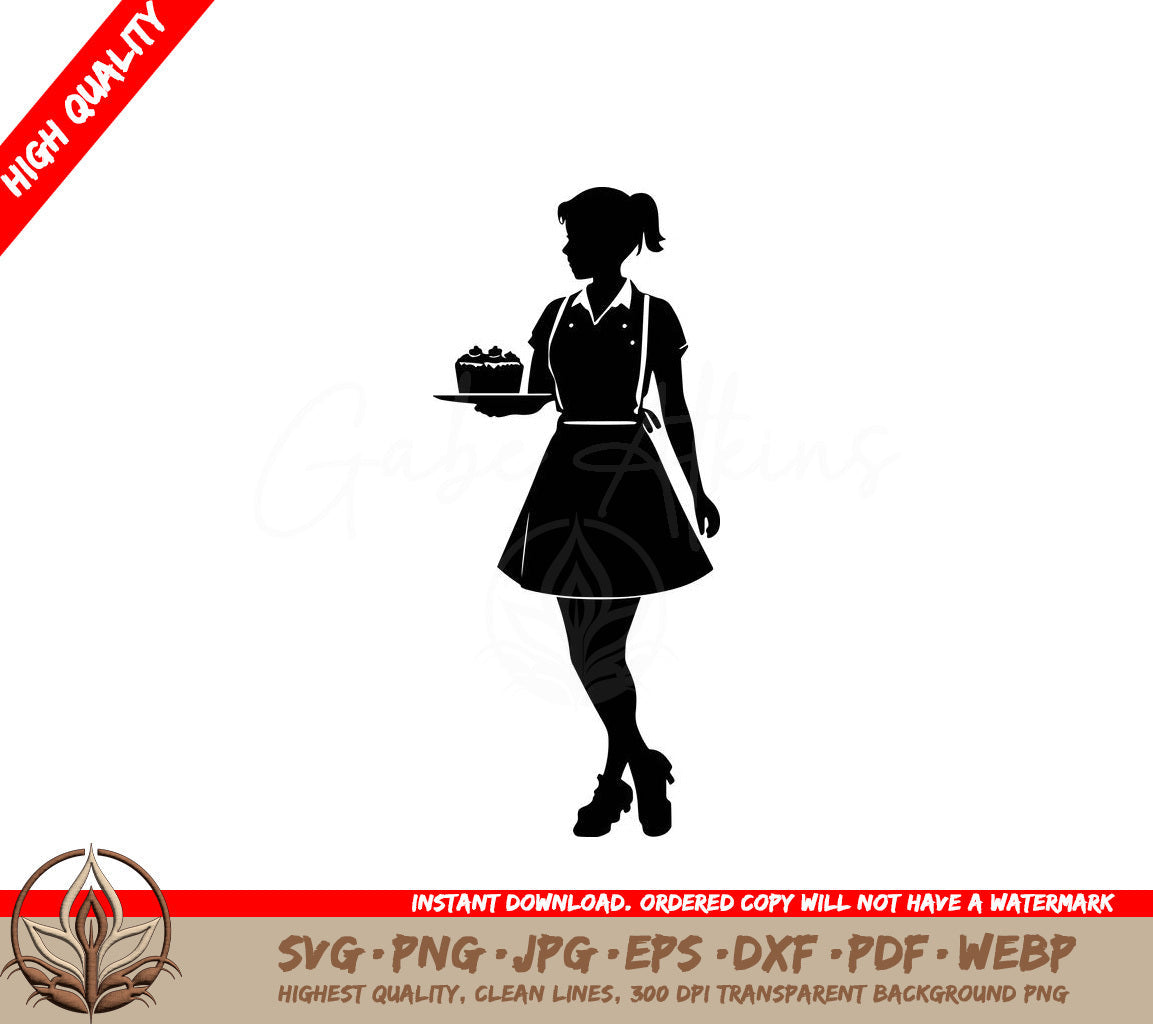 Waitress with Cupcakes Digital Design File (SVG, PNG, JPG, AI, PDF, DXF, EPS, WebP)