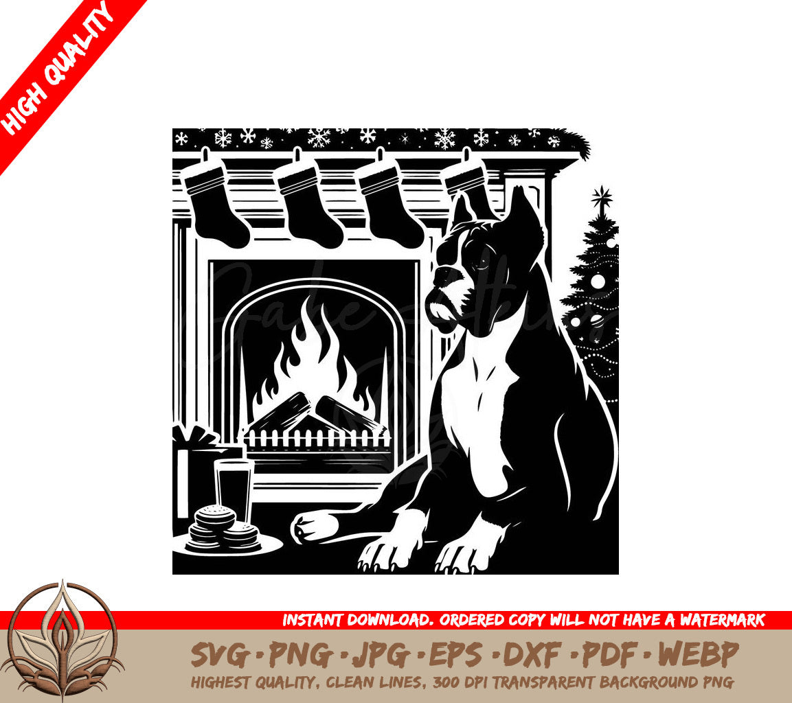 Warm Fireplace Boxer Pup Digital Design File (SVG, PNG, JPG, AI, PDF, DXF, EPS, WebP)