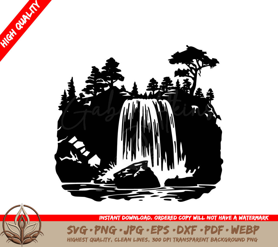Waterfall Amidst Wooded Setting: Digital Art File (SVG, PNG, JPG, AI, PDF, DXF, EPS, WebP)