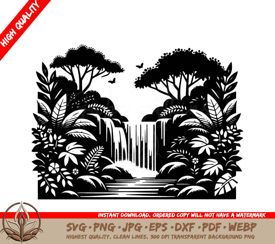 Waterfall Forest Magic: Digital Art File (SVG, PNG, JPG, AI, PDF, DXF, EPS, WebP)