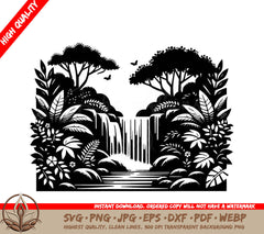 Waterfall Forest Magic: Digital Art File (SVG, PNG, JPG, AI, PDF, DXF, EPS, WebP)