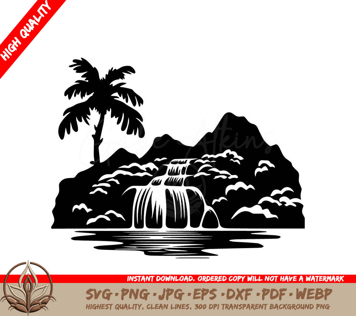 Waterfall Oasis Digital Design Cut File in SVG, PNG, JPG, AI, PDF, DXF, EPS and WebP Formats