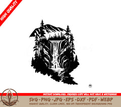 Waterfall with Mountains Digital Design File (SVG, PNG, JPG, AI, PDF, DXF, EPS, WebP)