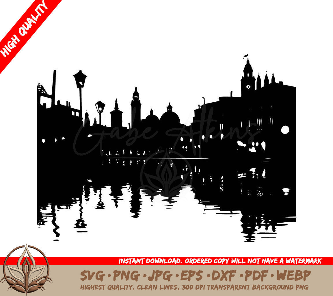 Waterfront Cityscape: Digital Cut File (SVG, PNG, JPG, AI, PDF, DXF, EPS, WebP)