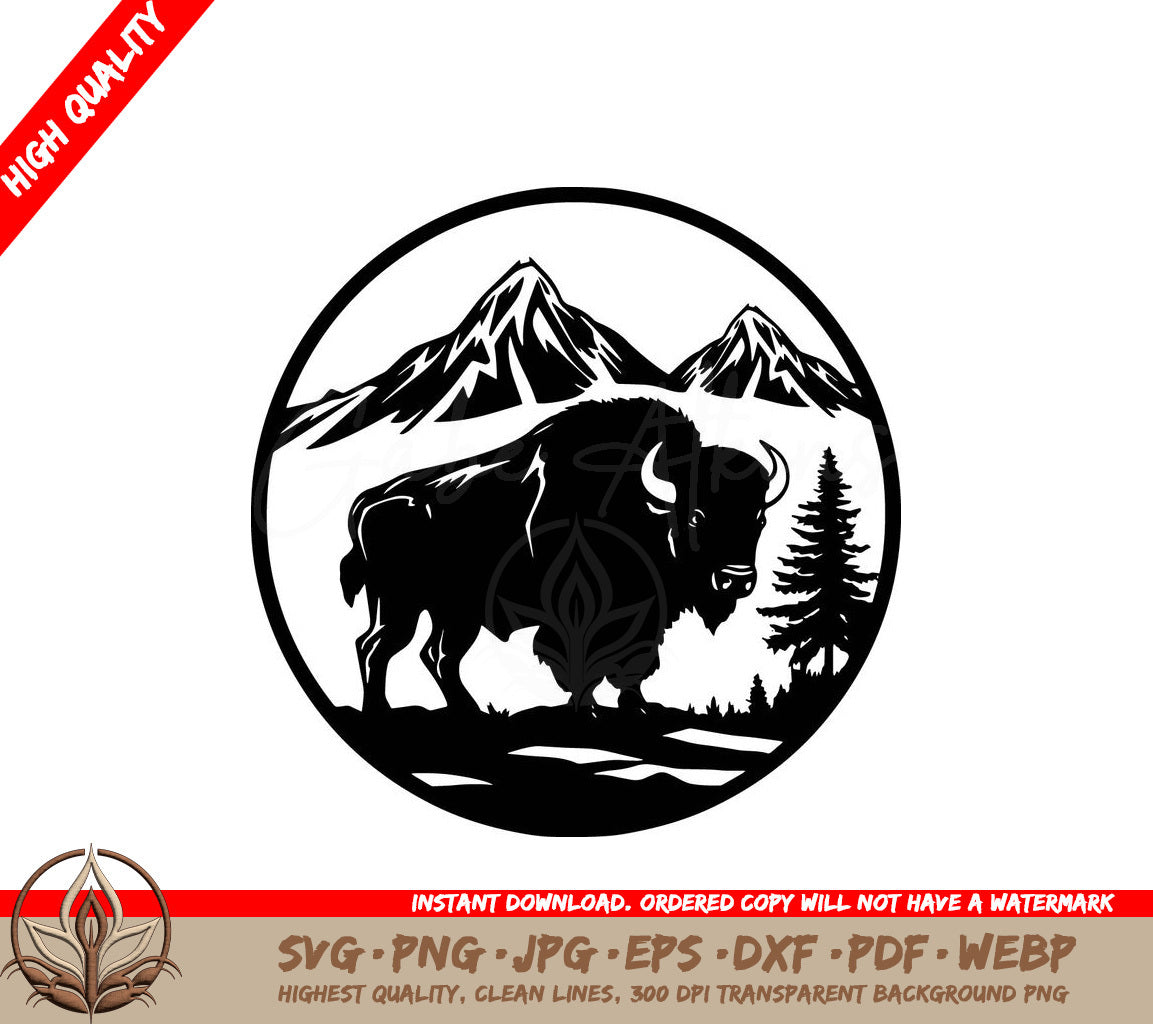 Wild Buffalo Mountains - Digital Design File (SVG, PNG, JPG, AI, PDF, DXF, EPS, WebP)