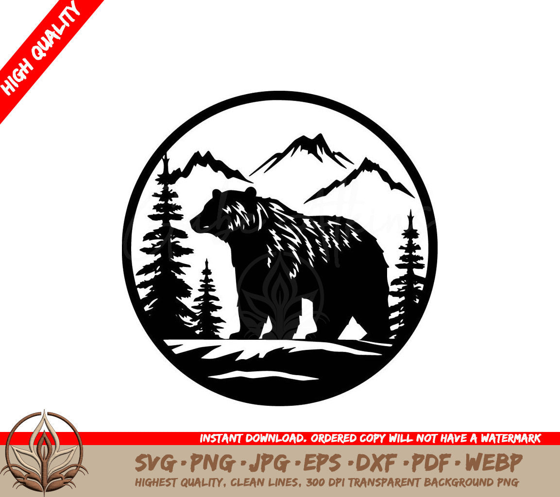 A Bear In A Circle With Mountains In The Background