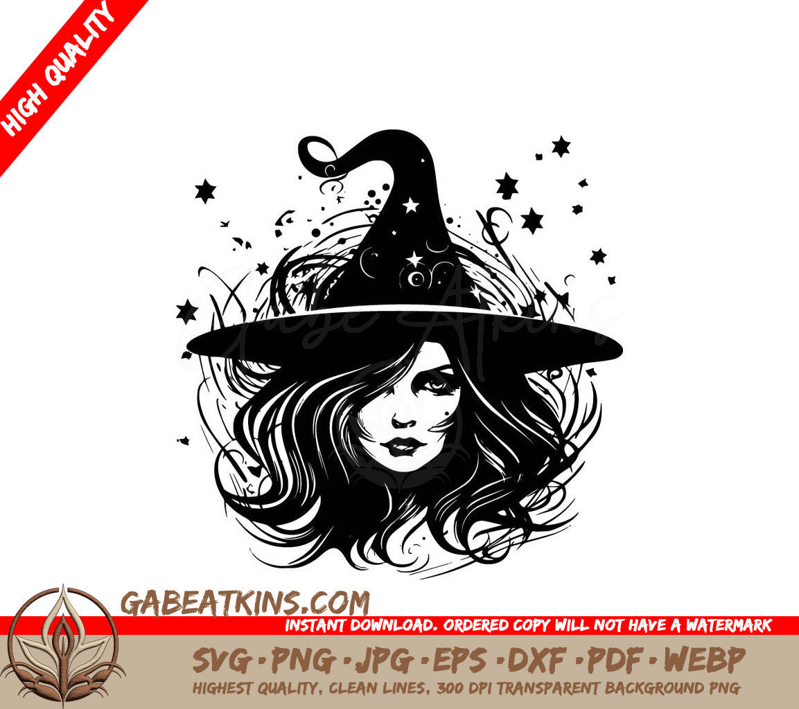 A Black And White Drawing Of A Woman Wearing A Witch Hat