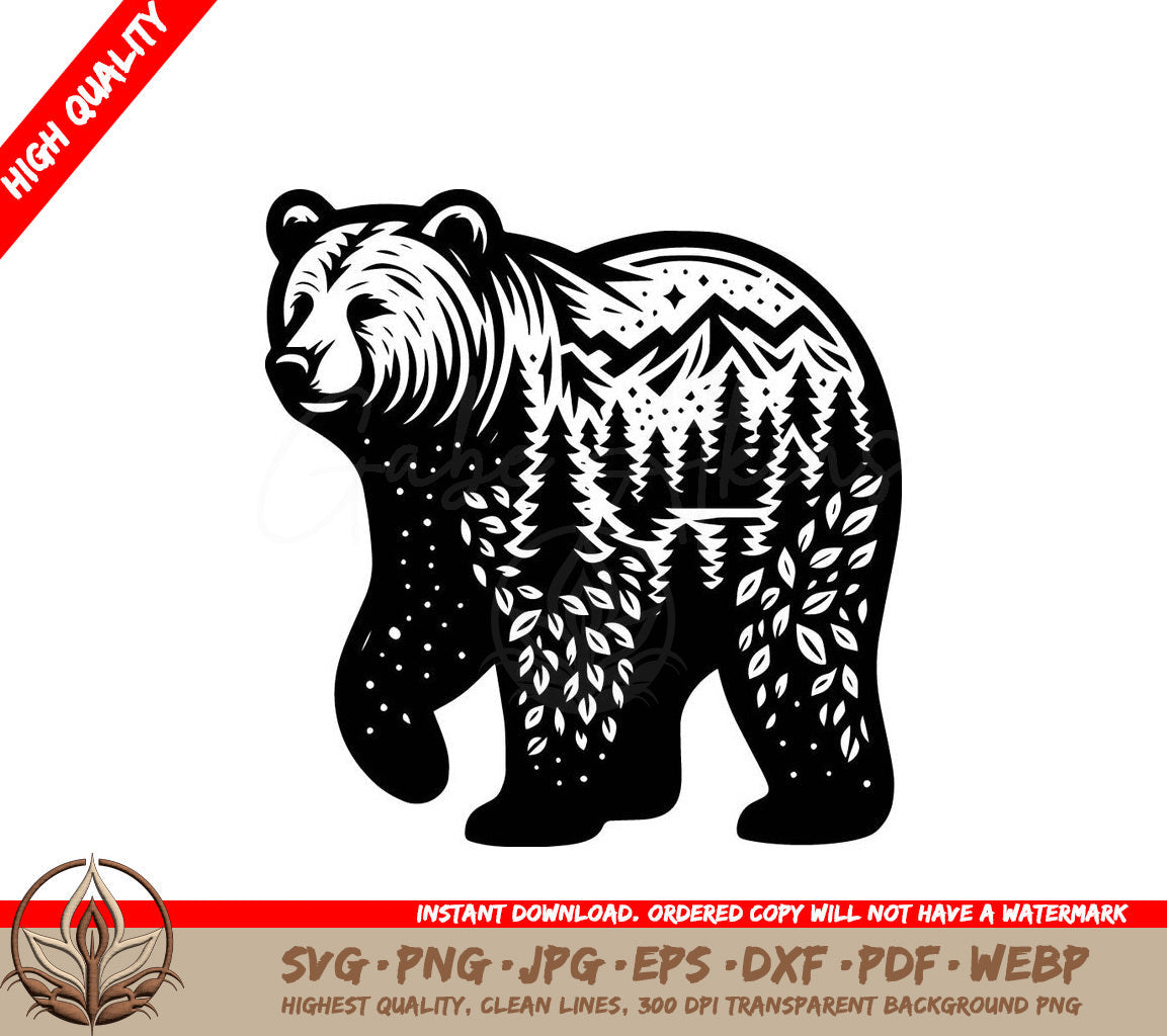 A Black And White Bear With Mountains And Trees On Its Back