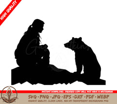 A Silhouette Of A Woman Sitting Next To A Bear