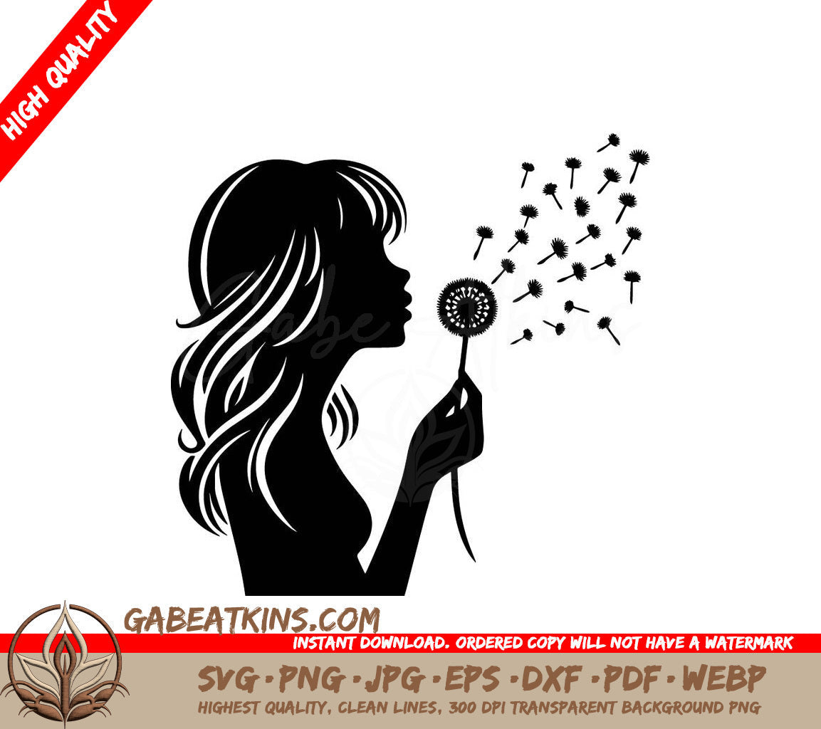 A Silhouette Of A Woman Blowing On A Dandelion SVG - Windy Dandelion Dreams SVG