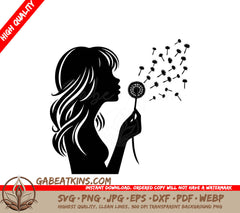 A Silhouette Of A Woman Blowing On A Dandelion SVG - Windy Dandelion Dreams SVG