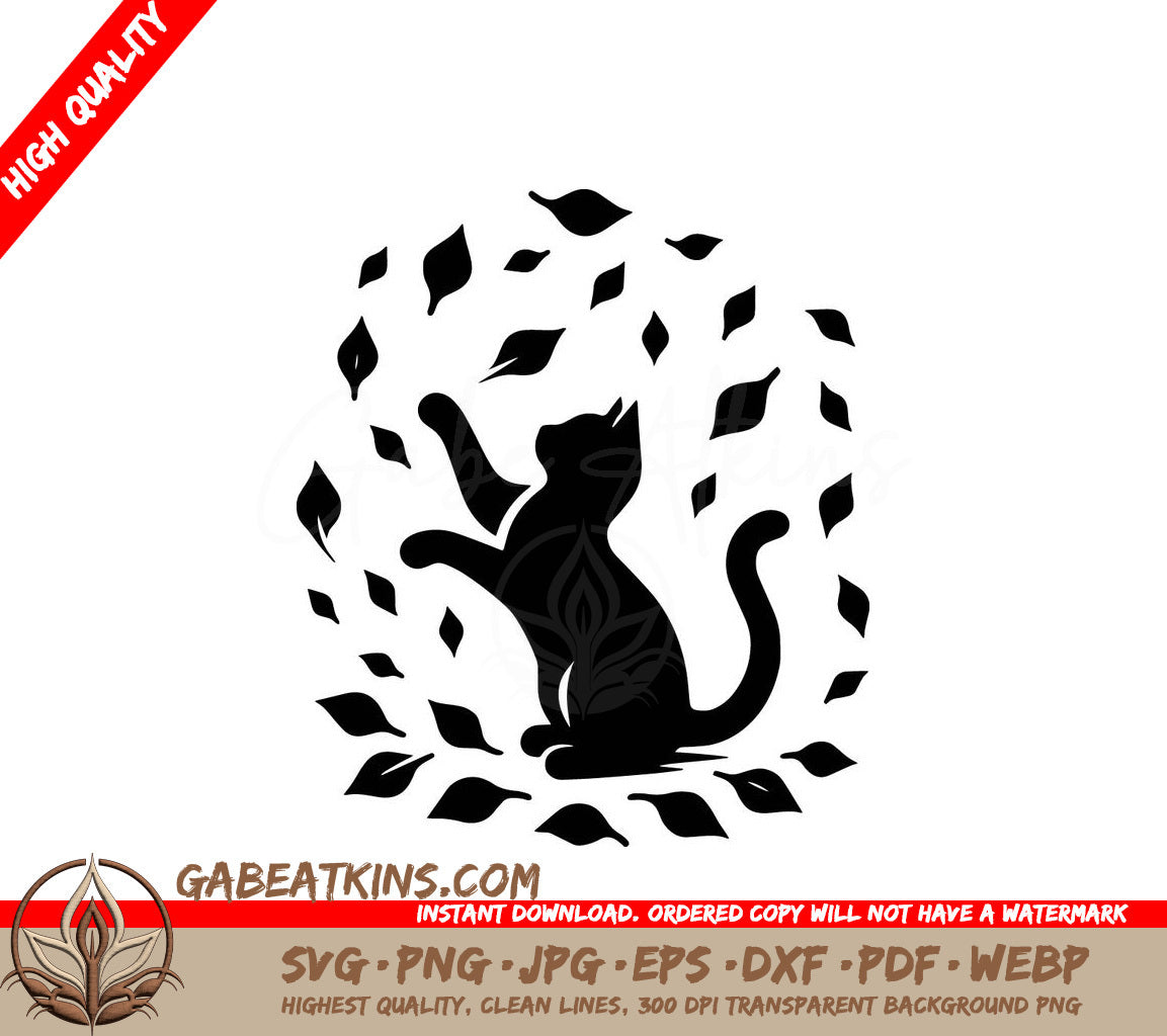 A Cat Surrounded By Leaves SVG - Windy Leaves Cat SVG