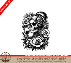 Wine Drinking Skull Mom with Flowers SVG Cut File Design Download