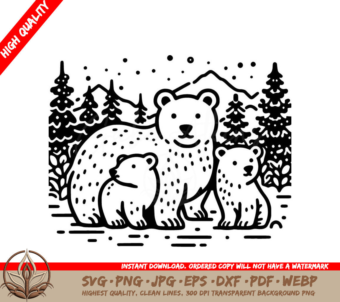 A Black And White Drawing Of A Mother Bear And Her Two Cubs