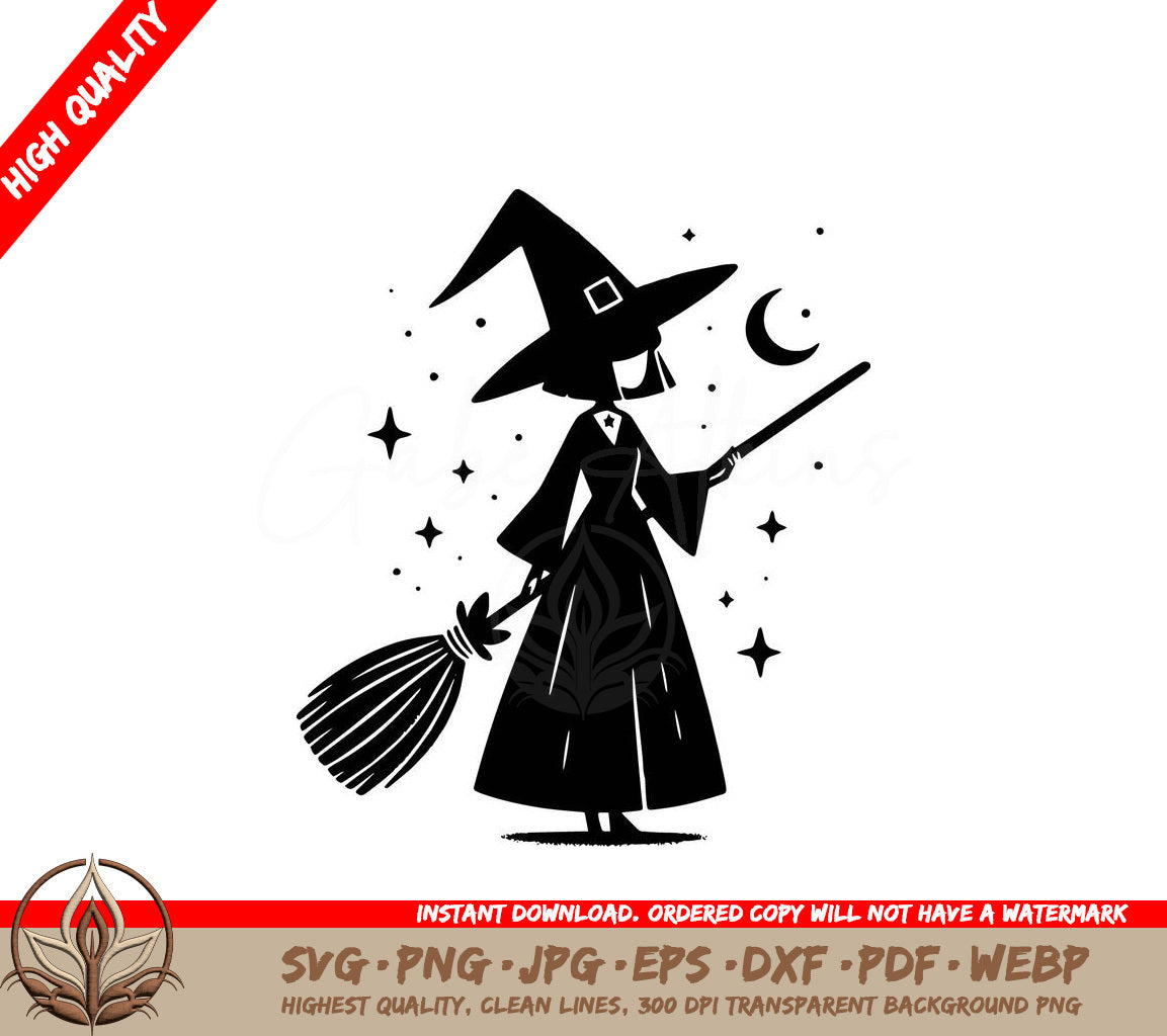 Witch with Broomstick Digital Design File (SVG, PNG, JPG, AI, PDF, DXF, EPS, WebP)
