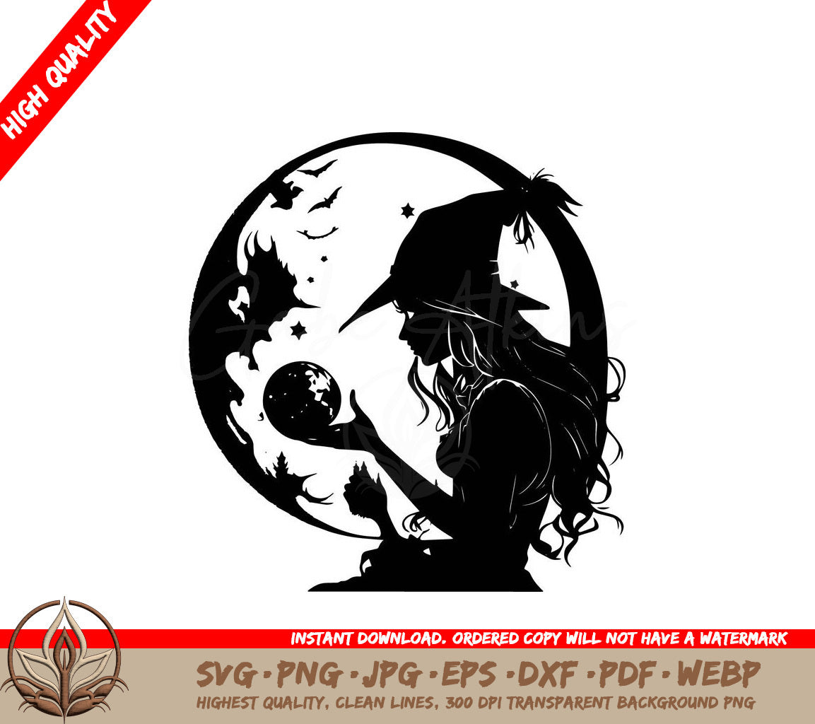 Witch with a Magic Crystal Ball and Full Moon Digital Design in Multiple File Formats (SVG, PNG, JPG, AI, PDF, DXF, EPS, WebP)