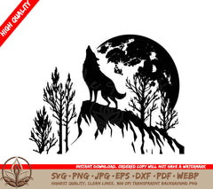Wolf Howling at the Moon Digital Design in SVG, PNG, JPG, AI, PDF, DXF, EPS and WebP Formats