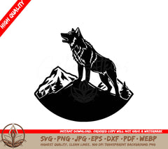 Wolf on Mountain Digital Design in SVG, PNG, JPG, AI, PDF, DXF, EPS WebP Formats