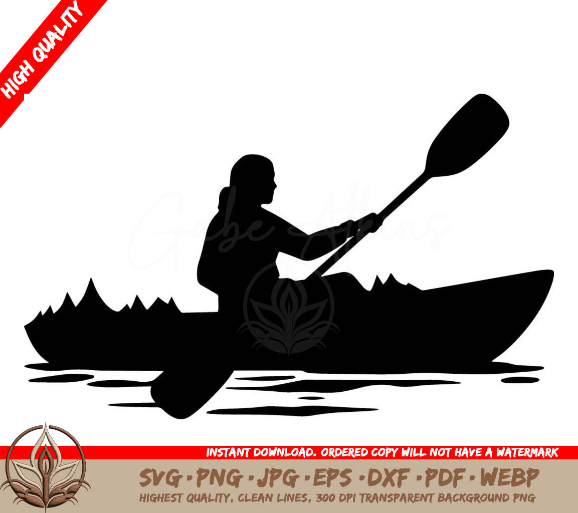 Woman Kayaking in Nature Digital Design File (SVG, PNG, JPG, AI, PDF, DXF, EPS, WebP)