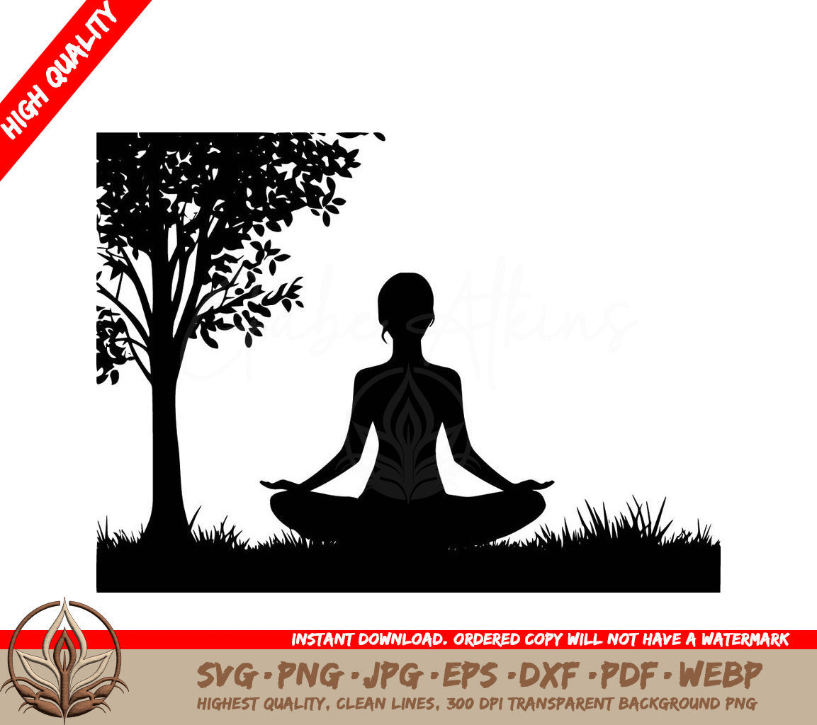 Woman Meditating Under Tree: Digital Design File (SVG, PNG, JPG, AI, PDF, DXF, EPS, WebP)