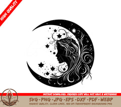 Woman Silhouette in Moon: Multi-Format Digital Design File