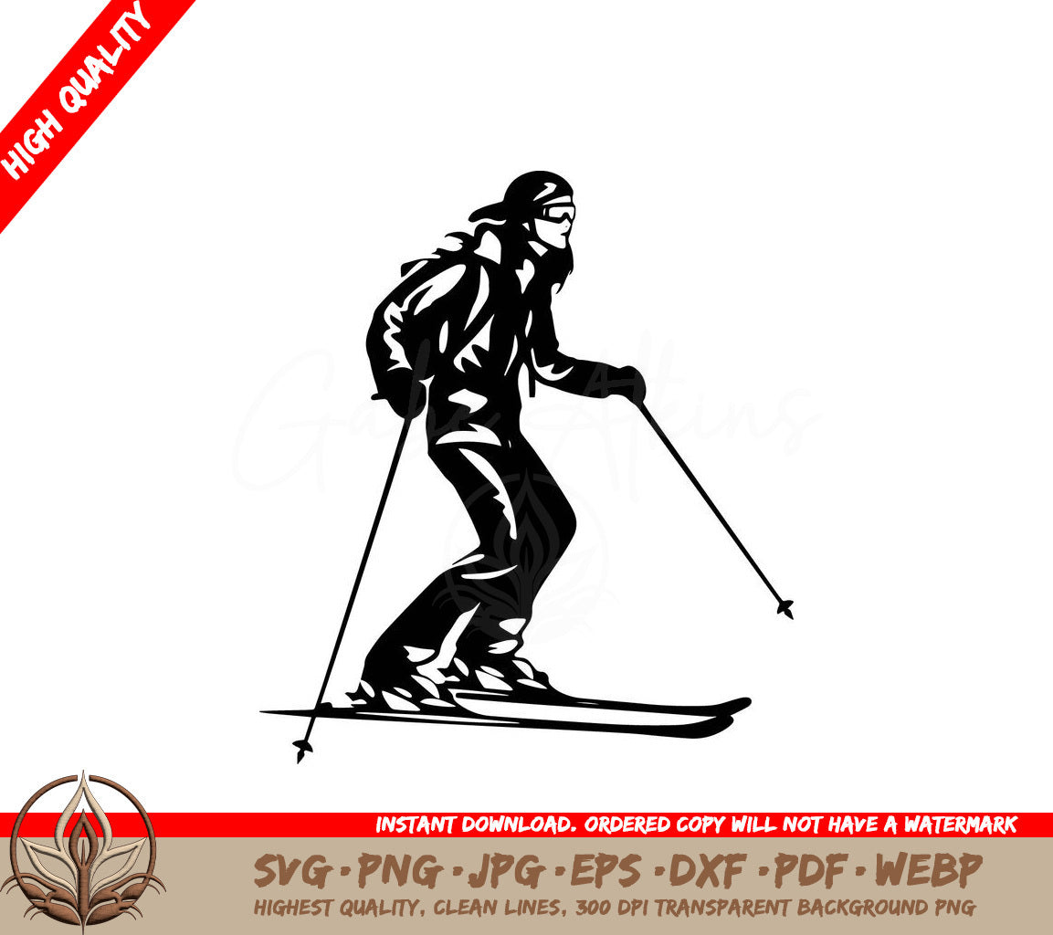 Woman Skiing Digital Design File (SVG, PNG, JPG, AI, PDF, DXF, EPS, WebP)