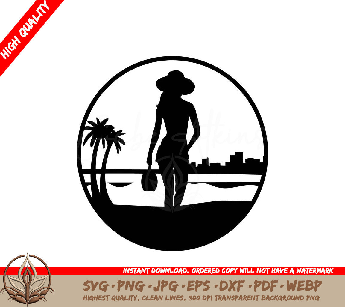 Woman in Front of Beach Cityscape: Multi-Format Digital Design File