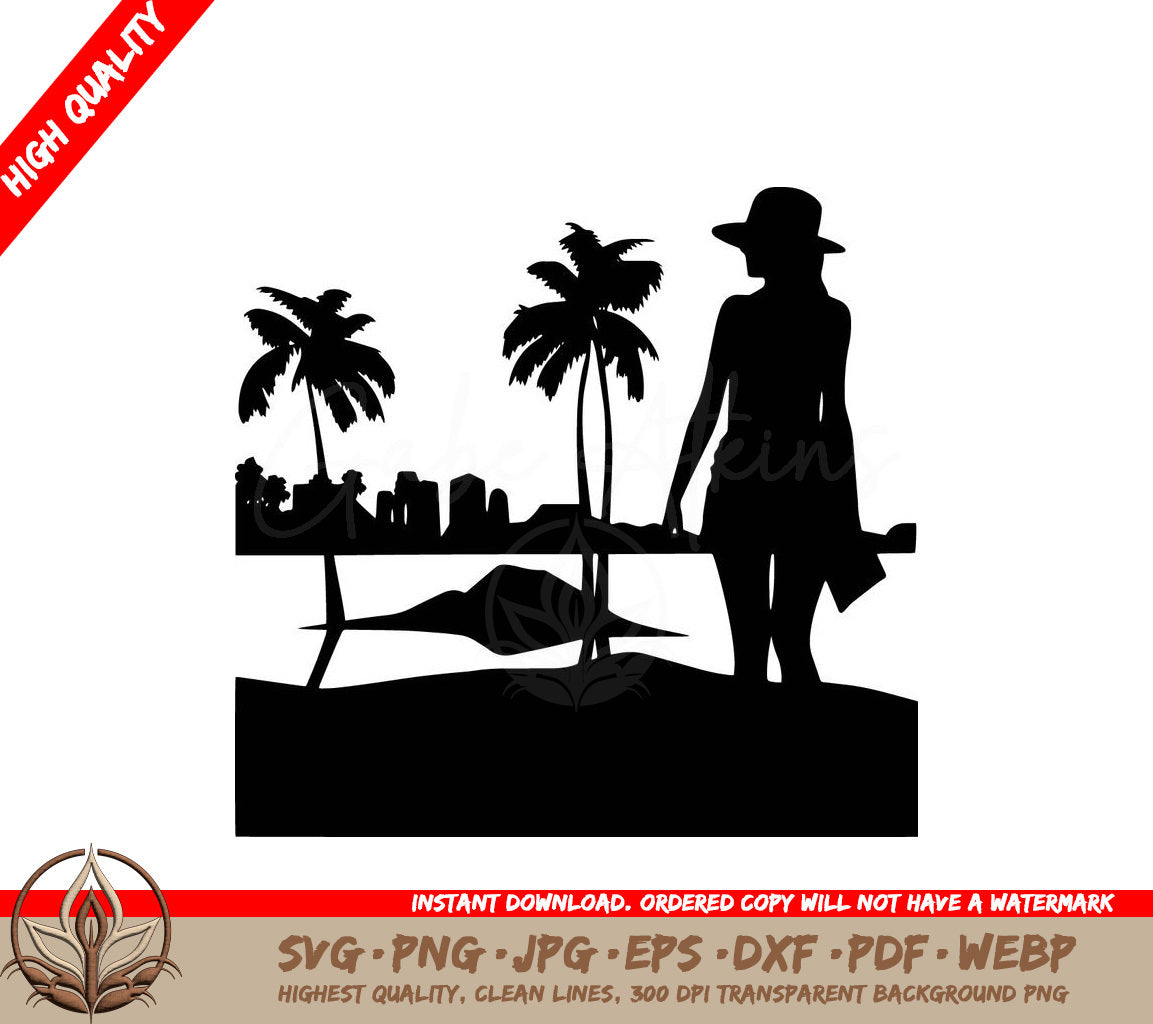 Woman on Beach Cityscape: Multi-Format Digital Design File (SVG, PNG, JPG, AI, PDF, DXF, EPS, WebP)