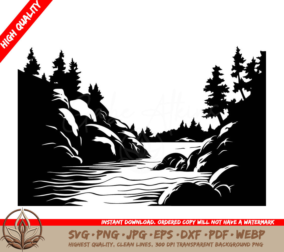 Wooded River Canyon Digital Design in SVG, PNG, JPG, AI, PDF, DXF, EPS WebP Formats