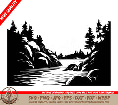 Wooded River Canyon Digital Design in SVG, PNG, JPG, AI, PDF, DXF, EPS WebP Formats