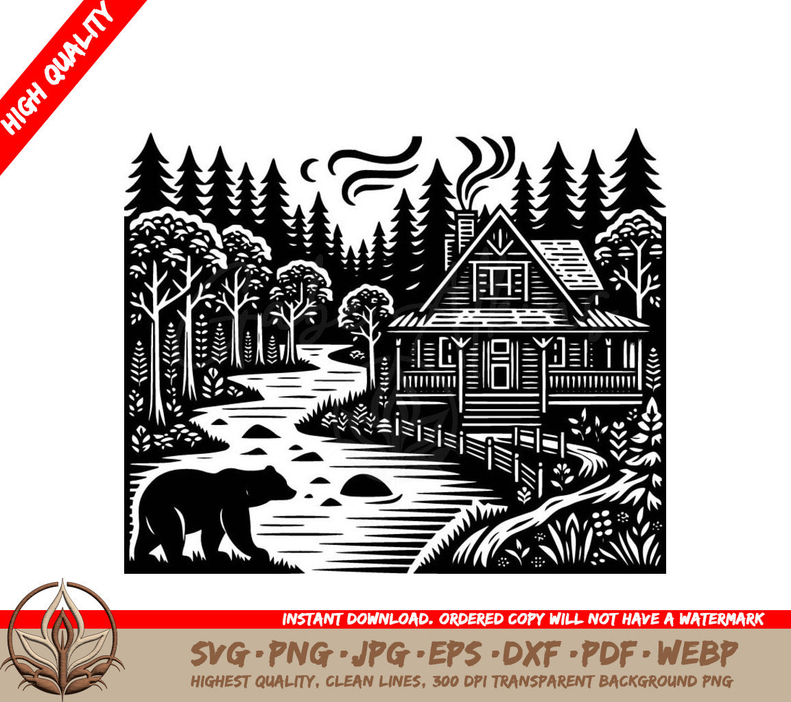 A Black And White Drawing Of A Cabin In The Woods