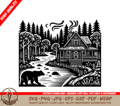 A Black And White Drawing Of A Cabin In The Woods