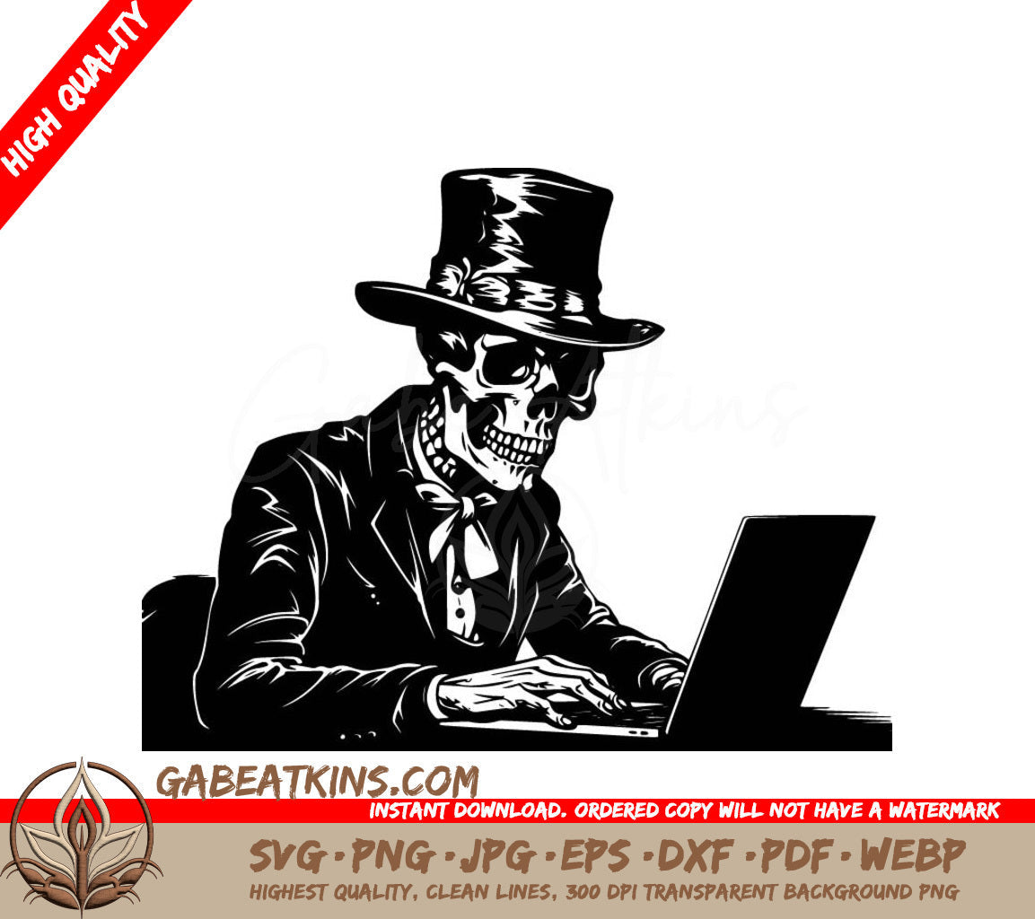 A Skeleton Wearing A Top Hat Is Typing On A Laptop