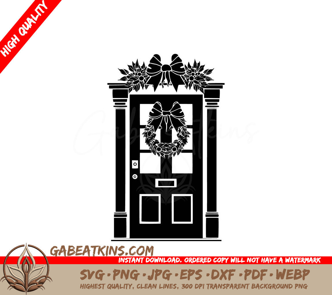 A Door With A Wreath On It SVG - Wreathed Doorway SVG