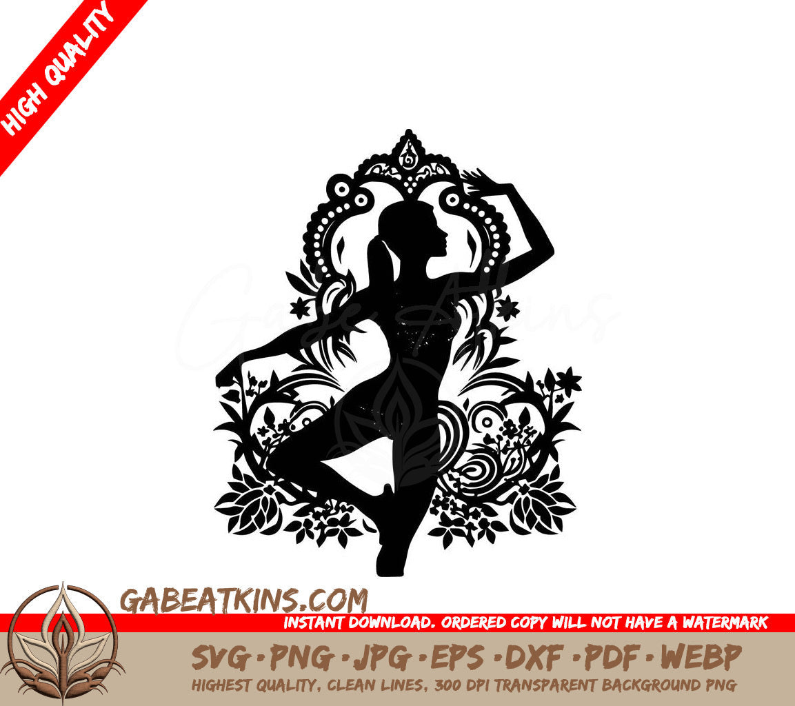 A Silhouette Of A Woman Dancing With Flowers In The Background SVG - Yoga with Mandala Background SVG