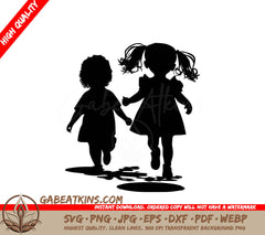 A Silhouette Of Two Little Girls Holding Hands On A White Background SVG - Young Children Playing SVG