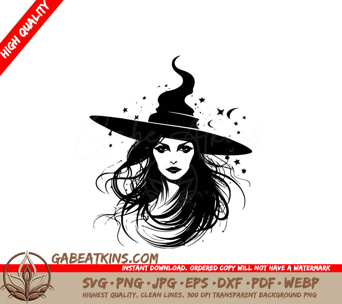A Black And White Drawing Of A Woman Wearing A Witch Hat