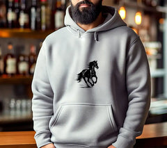 A Black And White Drawing Of A Horse Running In The Grass