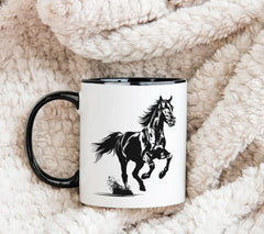 A Black And White Drawing Of A Horse Running In The Wild