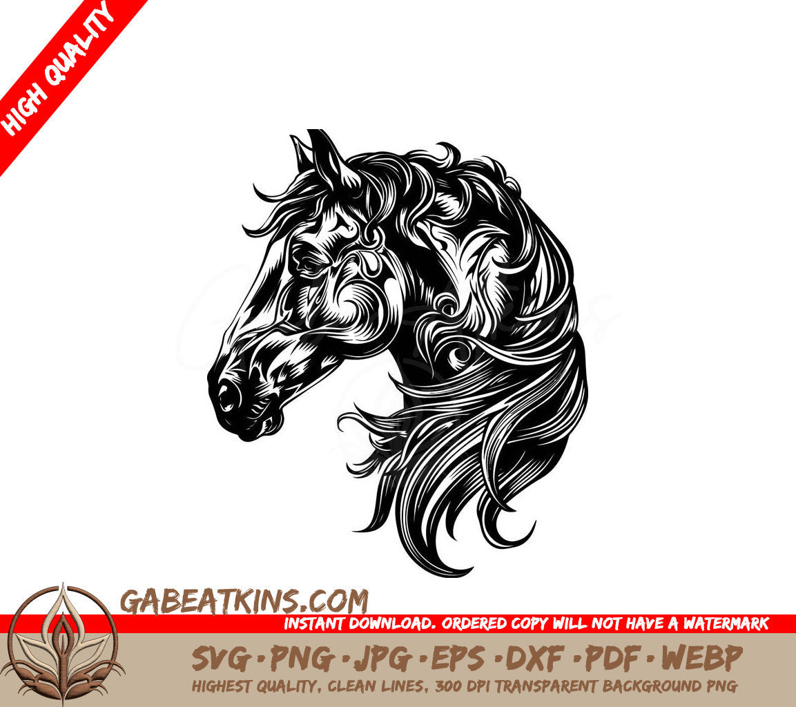 A Horses Head With A Long Mane SVG - a black and white drawing of a horse with a black and white pattern SVG