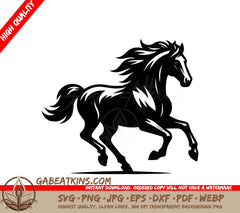 A Running Horse SVG - a black and white drawing of a horse with a black tail SVG