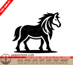 A Horse With A Long Mane SVG - a black and white drawing of a horse with a mane and tail SVG