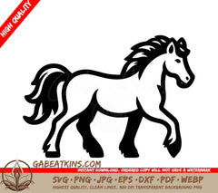 A Horse On A White Background SVG - a black and white drawing of a horse with a tail and tail SVG
