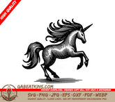 A Unicorn With A Long Mane SVG - a black and white drawing of a unicorn with a black and white drawing SVG