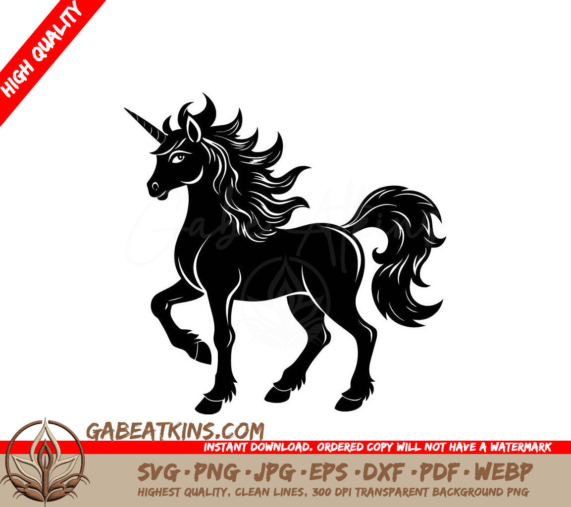 A Black And White Silhouette Of A Unicorn With A Long Mane SVG - a black and white drawing of a unicorn with a black mane and tail SVG