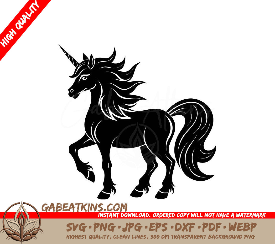 A Black Unicorn With A Long Mane And Tail SVG - a black and white drawing of a unicorn with a black tail SVG