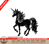 A Black And White Silhouette Of A Unicorn With A Long Mane SVG - a black and white drawing of a unicorn with a tail SVG